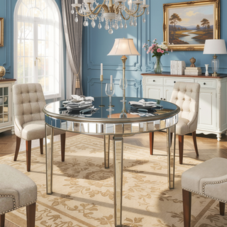 Sunvega Round Glass Dining Table with Gold Geometric Design and Mirror Top