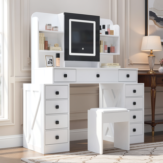 Sunvega White Makeup Vanity Desk with Sliding Mirror Dimmable Lights and Charging Station