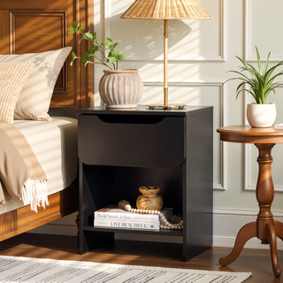 Sunvega Modern Minimalist Black Nightstand with Single Drawer and Open Cubby