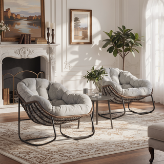Sunvega Oversized Outdoor Rattan Rocking Chair with Padded Cushion and Steel Frame