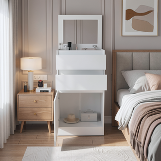Sunvega White FSC Certified Dresser with Jewelry Box Mirror and Two Drawers