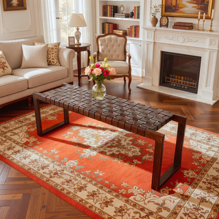 Sunvega Mid-Century Modern Tan Leather Bench with Solid Wood Frame and Tapered Legs