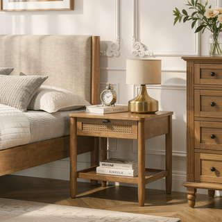 Sunvega Rubberwood Bedroom Set with Queen Upholstered Bed Dresser Mirror Nightstands