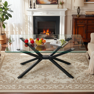 Sunvega Modern 39.37" Rectangular Clear Tempered Glass Coffee Table with Black Metal Legs