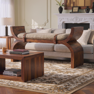 Sunvega Handcrafted Solid Mango Wood Stirrup Curve Sculptural Bench in Amber Oak