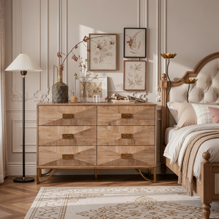 Sunvega Light Wood 6-Drawer Dresser with Geometric Relief and Gold Metal Legs