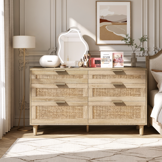 Sunvega Modern Natural Rattan 6 Drawer Dresser with Wood Legs for Bedroom Storage