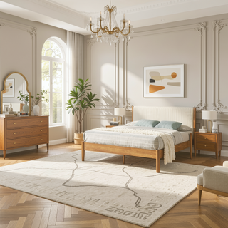 Sunvega 5-Piece Rubberwood Bedroom Set with Queen Bed Dresser Mirror Nightstand Chest