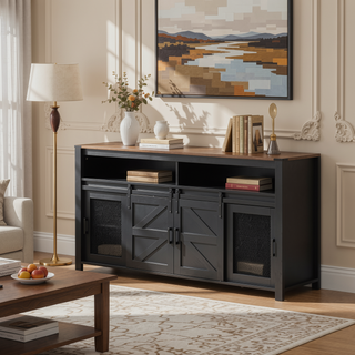 Sunvega Farmhouse Sideboard with Sliding Barn Door Mesh Panels and Open Storage