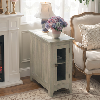 Sunvega Narrow Accent Side Table with Closed Cabinet and Metal Knob in Washed Grey Veneer