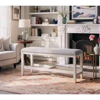 Sunvega Acacia Wood Counter Bench with Cream Linen Cover and 300 lb Capacity