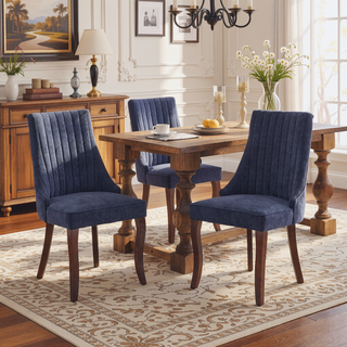 Sunvega Blue Rayon Cloth Flocking Linen Dining Chairs with High Backrest and Solid Wood Legs, Set of 2