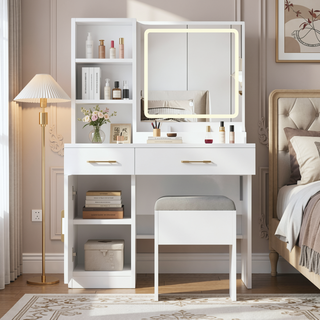 Sunvega White Glass Top Vanity Desk with 10 Drawers and Lighted Mirror