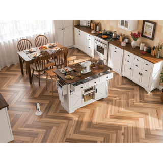 Sunvega Farmhouse Kitchen Island with Power Outlet Sliding Barn Doors and Drop Leaf