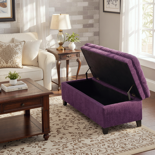 Sunvega Blue Fabric Storage Ottoman with Birch Legs for Living Room Seating