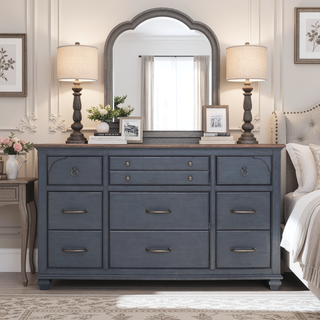 Sunvega Corduroy Blue Finish 9-Drawer Dresser with Antique Pewter Hardware