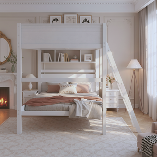 Sunvega Traditional Wooden Loft Bed with Ladder and Guardrails for Kids