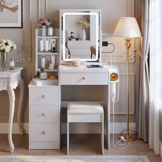 Sunvega Small Size Left Bedside Vanity Table with Cushioned Stool and Touch LED Mirror