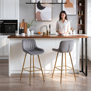 Sunvega 30 inch Set of 2 Blue Velvet Bar Stools with Chrome Footrest and Golden Legs