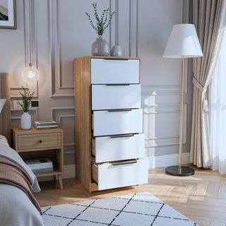 Sunvega 42 Inch High Five Drawer Vertical Dresser in White and Light Oak