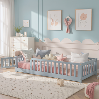 Sunvega Natural Rubber Wood Twin Size Floor Bed with Safety Guardrails and Door