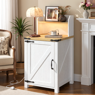 Sunvega Farmhouse End Table with Barn Door, Charging Station, and Adjustable Shelf