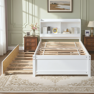 Sunvega White Twin Trundle Bed with Storage Headboard and Bookcase