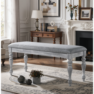Sunvega Upholstered Turned Leg Dining Bench with Gray Seat and Rustic White Finish
