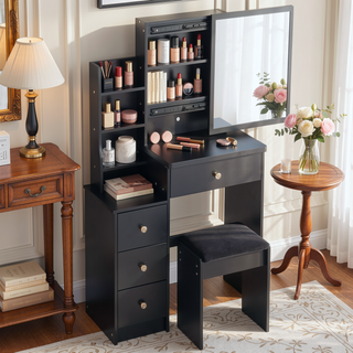 Sunvega Small Space Left Bedside Cabinet Vanity Table with Cushioned Stool and Sliding Mirror