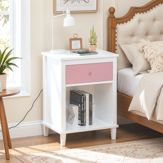 Sunvega White and Golden Kids Wooden Nightstand with One Drawer and Shelf