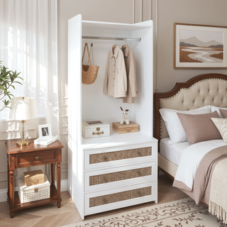 Sunvega White Rattan Wardrobe Armoire with 3 Drawers and Anti-Tip for Bedroom