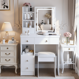 Sunvega Small Size Left Drawer Vanity Table with Cushioned Stool and LED Mirror