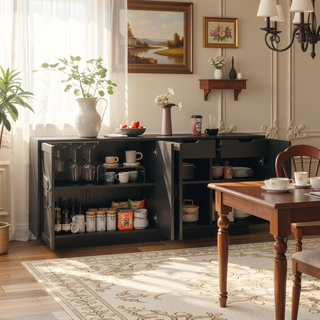 Sunvega Farmhouse Sideboard Buffet Cabinet with XL Storage and Built-In Stemware Rack