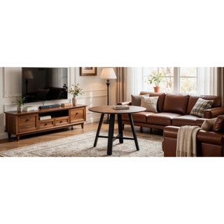 Sunvega Modern Round Dining Table with Dark Wood Texture and Black Metal Legs