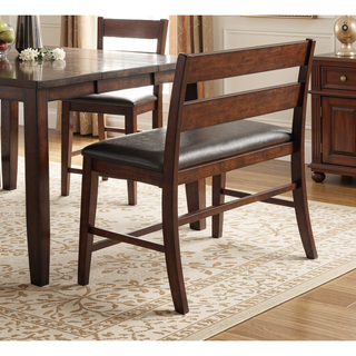 Sunvega Cherry Finish Wood Frame Bench with Dark Brown Faux Leather Upholstered Seat