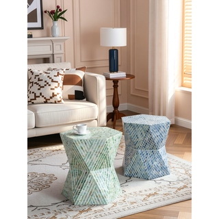 Sunvega Blue Capiz Inlay Tapered Hexagon Accent Stool for Bedrooms