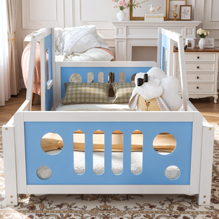 Sunvega Twin Size Blue Classic Car-Shaped Platform Bed with Wheels