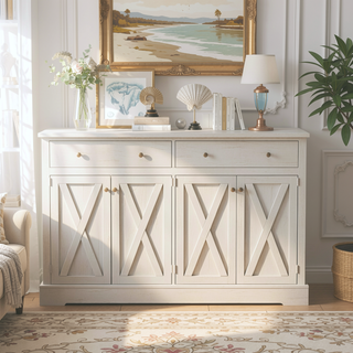Sunvega Vintage White Sideboard with Two Drawers Four Doors and Adjustable Shelf