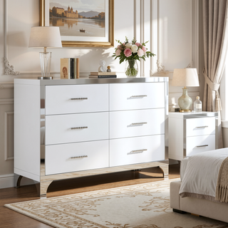 Sunvega High Gloss White Dresser with 6 Drawers and Metal Handle for Bedroom