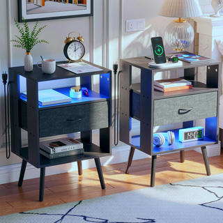 Sunvega Modern Nightstand with Charging Station LED Light Fabric Drawers 2 Pack