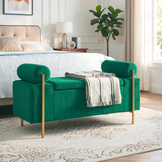 Sunvega Elegant Upholstered Linen Storage Bench with Cylindrical Arms and Iron Legs