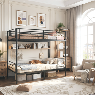 Sunvega Twin Over Twin Metal Bunk Bed with Ladder and Guardrail, Splits into Two Separate Beds
