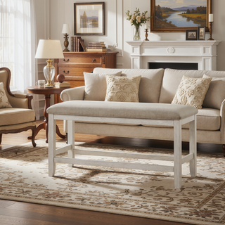 Sunvega Modern Farmhouse Counter Height Dining Bench with Antique White Finish and Upholstered Seat