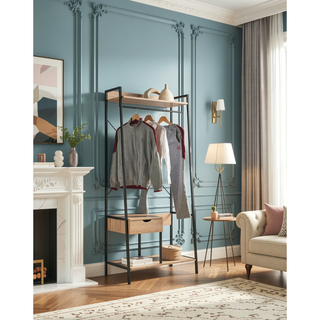 Sunvega Light Brown Free Standing Metal Clothes Rack with One Drawer