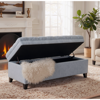 Sunvega Blue Fabric Storage Ottoman with Birch Legs for Living Room Seating