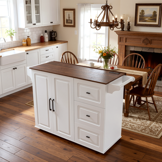 Sunvega White Kitchen Island Cart with Foldable Drop Leaf Tabletop and Storage on Wheels