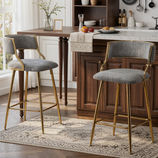 Sunvega Set of 2 Grey Corduroy Bar Stools with Back Golden Chromed Base and Footrest