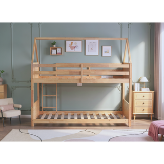 Sunvega Twin Over Twin House Floor Bunk Bed with Headboards Footboards Guardrails and Ladder