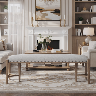 Sunvega Sand Colored Upholstered Bench with Nail Head Trim and Triad Bases