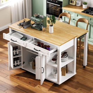 Sunvega Extendable Kitchen Island with Dining Table Internal Storage and Power Outlet